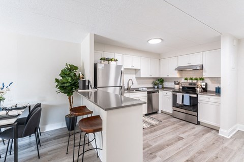 a kitchen and dining area in a 555 waverly unit